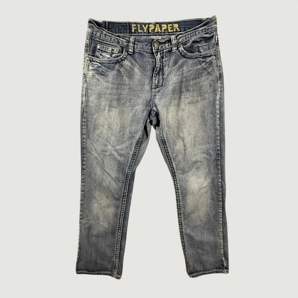Flypaper Mens Straight Leg Jeans 34x32 Medium Wash Embroidered Pockets Denim